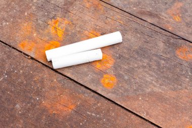 İki beyaz okul tebeşiri eskimiş kahverengi ve paslı masa tahtalarına yerleştirilmiş..