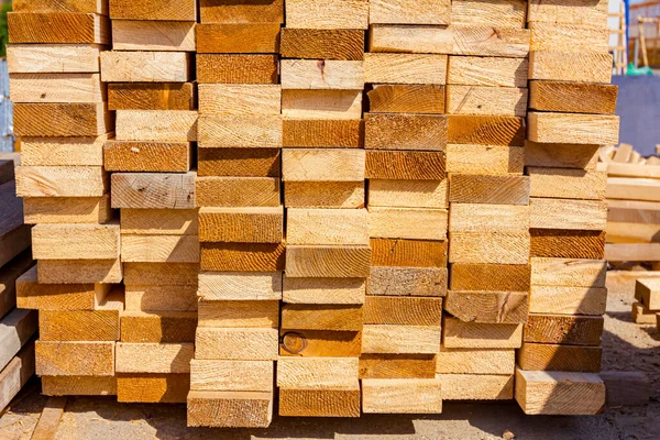 Yellow Wooden Chopped Planks Arranged Row Placed Alfresco Construction Site Stock Image