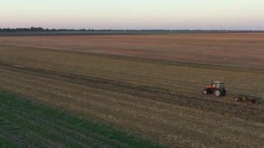 Dolly 'nin traktörü çekiş makinesi olarak kullanması, disk kirişi kırıcı, toprağı bir sonraki hasat için hazırlıyor. Kuş sürüsü yiyecek aramak için tarımsal makineyi takip ediyor. Gün batımı ve arka plan