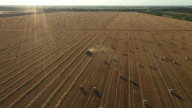 Manzaranın üstünde traktörün arka ışığı mercimeği fırına verirken, kamışı yuvarlayan ve tarımsal alanın üzerine yuvarlanmış bir balya tüküren makine, kapağı açar ve paketi dışarı atar..