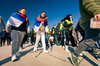 Zrenjanin, Vojvodina, Serbia - February 20, 2025: Young people gathered, carrying banners and flags, students in their protest walk, march in group, travel on foot from Zrenjanin to Vrsac clipart