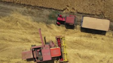 Üstten bakıldığında, doli hareketi tarımsal hasatçıyı takip ediyor, karavanda boşaltmak için pozisyon alırken birleşiyor. Yaz mevsiminde hasat zamanı. 