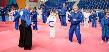 Zrenjanin, Voyvodina, Sırbistan - 27 Nisan 2025: Dövüş sanatları kulübünde gerçek aikido semineri 