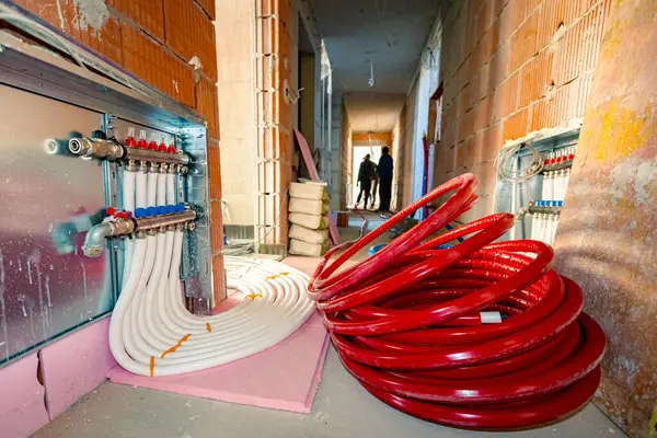 Yeni dağıtım sistemi yapım aşamasındaki bir binanın merkezi ısıtma katı için monte edildi. Beton zeminde kırmızı izole borular..