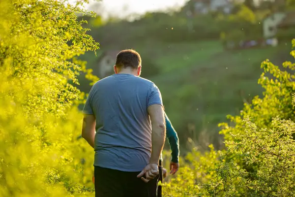 İnsanlar, aile, oğullarıyla birlikte orman patikasında yürüyen adamlar güneşli bir günde yaprak döken ağaçların arasına gidiyorlar. Küçük orman yolu, yol boyunca taze bahar bitkileri.