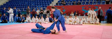 Zrenjanin, Voyvodina, Sırbistan - 27 Nisan 2025: Dövüş sanatları kulübünde gerçek aikido semineri 