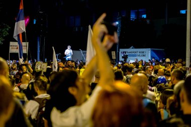 Novi Sad, Vojvodina, Serbia - September 05, 2025: Students, citizens protest against government corruption, regime, demand justice for 16 lives lost in tragic accident roof collapse, railway station