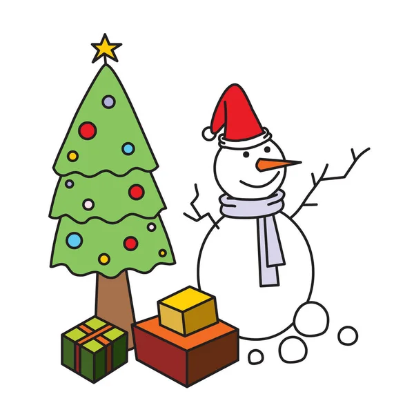 Illustratie Van Kerstboom Sneeuwman — Stockvector