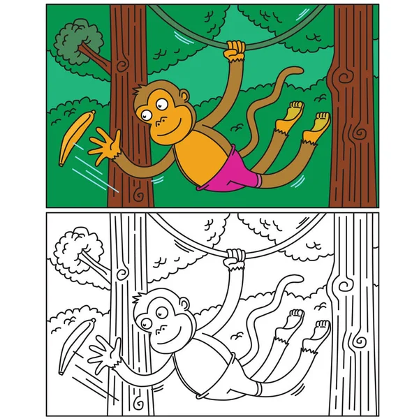 バナナをキャッチする幸せな猿の着色ページ ロイヤリティフリーストックベクター