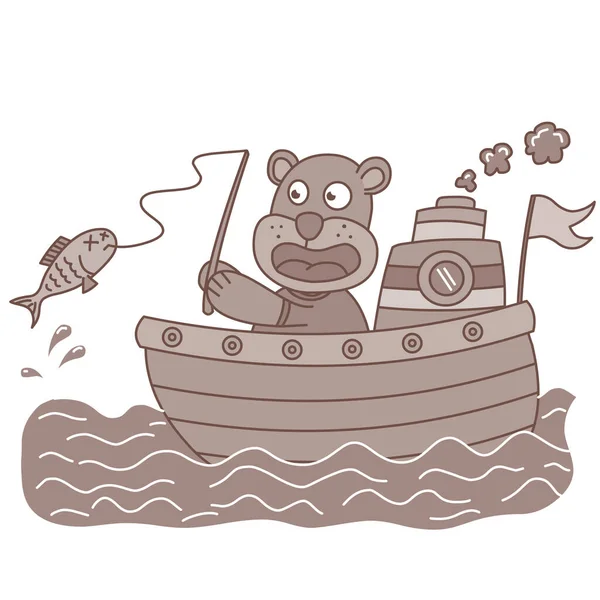 Happy Bear Fishing Ship Telifsiz Stok Vektörler