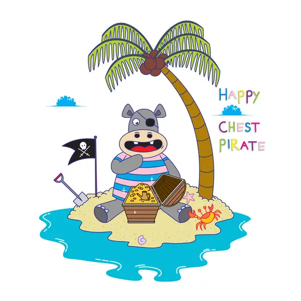 Pirate Hippo Hittar Skattkista Royaltyfria Stockvektorer
