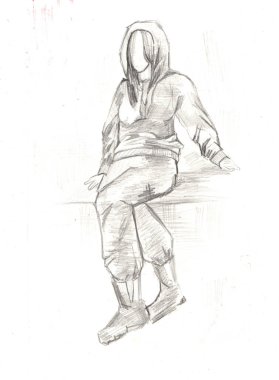 Kalemle oturan bir kızın çizimleri.