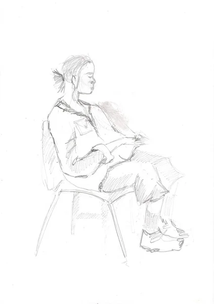 Skizzen Eines Sitzenden Mädchens Mit Bleistift — Stockfoto