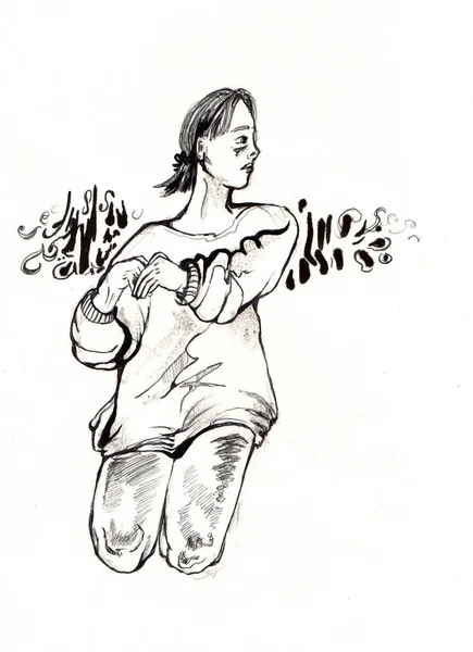 Ескізи Людини Дівчина Намальована Олівцем — стокове фото