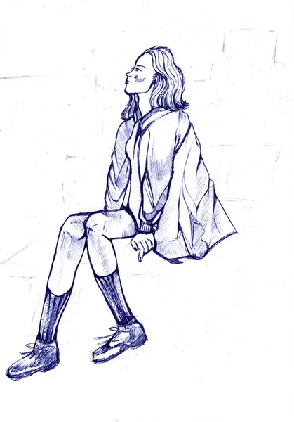 Croquis Une Fille Assise Stylo — Photo