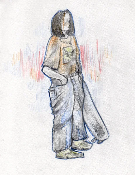 Bocetos Una Persona Una Chica Con Monopatín Dibujado Lápiz —  Fotos de Stock