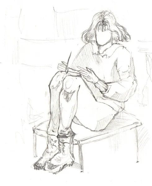 Bocetos Una Chica Sentada Lápiz — Foto de Stock