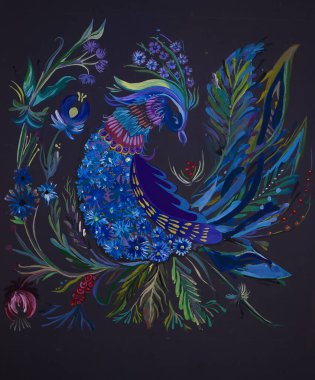 Ateş kuşu Ukrayna tarzında çizilmiş. Boyalarla boyanmış.