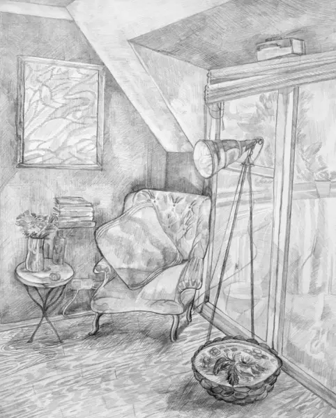 Basit bir kalemle elle çizilmiş bir oda.