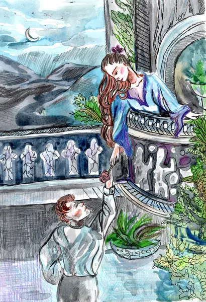 Peri masalı karakterleri prens ve prensesler. Boyalarla boyanmış.