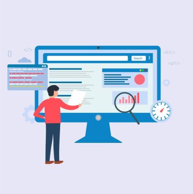 Male web developer working on website code Illustration