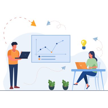 İş adamları dizüstü bilgisayar ve diyagramlarla birlikte çalışıyor. vektör illüstrasyonu