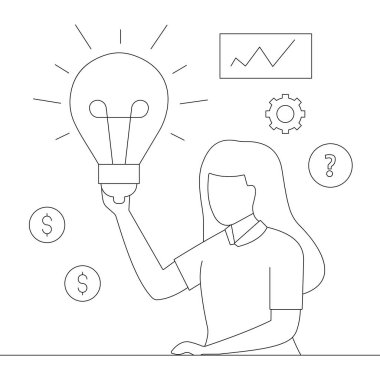 İş adamı bilgisayar ve lamba fikri, vektör illüstrasyonu üzerinde çalışıyor