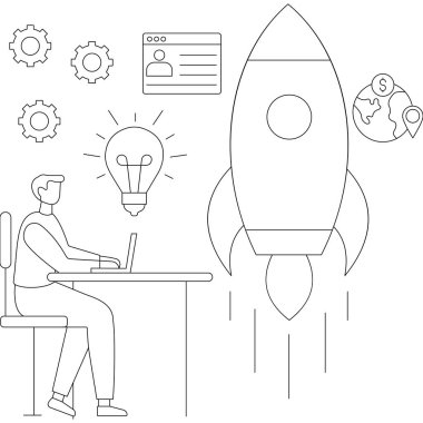 roket ve dişli vektör illüstrasyon tasarımı olan insanların başlangıç projesi