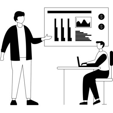 Bilgisayar ve dizüstü bilgisayar kullanan bir iş adamı. İş konsepti. izole vektör illüstrasyonu