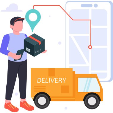 Kutuları olan teslimatçı ve akıllı telefon vektör illüstrasyon tasarımı