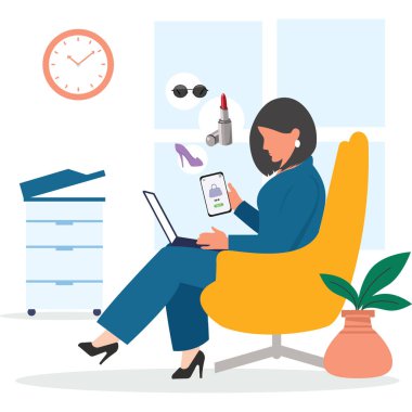 Ofiste online alışveriş yapan bir kız.