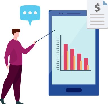 Erkek çalışanın mobil illüstrasyon üzerine büyüme sunumu yapması