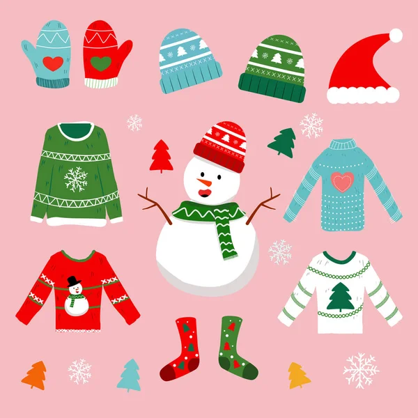 Snowman Winter Clothing Set Pink Background — Stock Vector