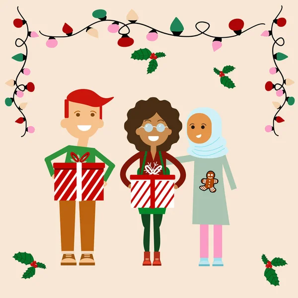 ガーランドの背景 休日やクリスマスの概念とギフトボックスを保持している3つの多民族の人々 — ストックベクタ