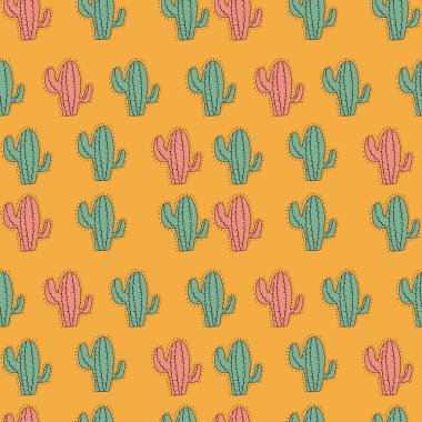Pembe ve nane yeşili kaktüsler sarı arkaplanda pürüzsüz desen.