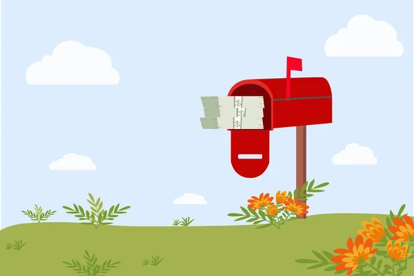 Денежные Стопки Красном Открытом Почтовом Ящике Фоном Природы — стоковый вектор