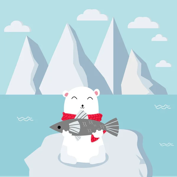 Lední Medvěd Červenou Šálou Chytající Ryby — Stockový vektor