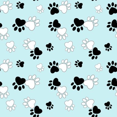 Mavi arka planda şirin siyah beyaz hayvan ayak izleri..