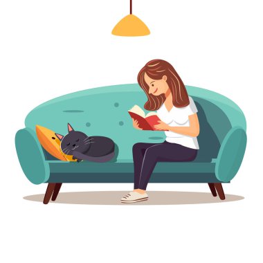 Kanepede kitap okuyan mutlu bir kadın. Uyuyan kara kedi, rahat ve asgari yaşam tarzı..