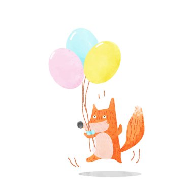 Balonlu şirin kırmızı tilki çizgi filmi. El çizimi suluboya çizimi.