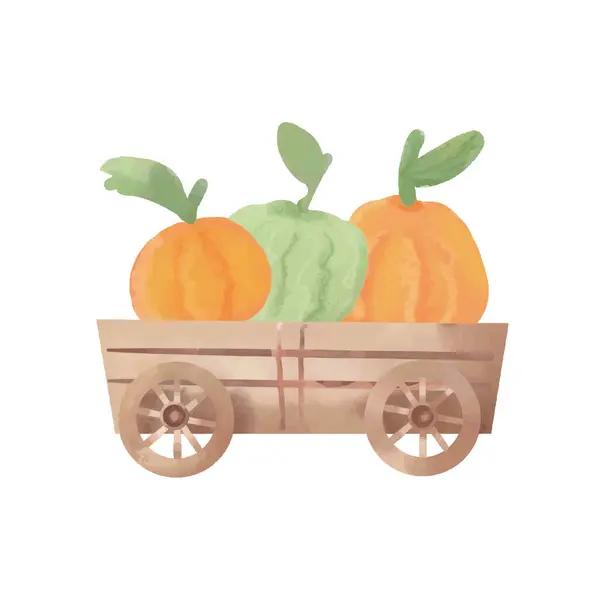 Watercolor Pumpkins Wooden Cart Hand Drawn Vector Graphics