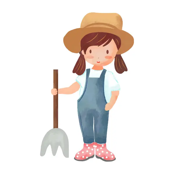 Cute Cartoon Farmer Girl Pitchfork Vector Illustration Vector Graphics