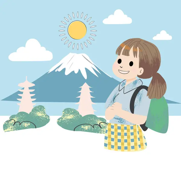 Turystka Plecakiem Patrząc Fuji Mountain Jeziorem Pierwszym Planie Koncepcja Podróży Grafika Wektorowa