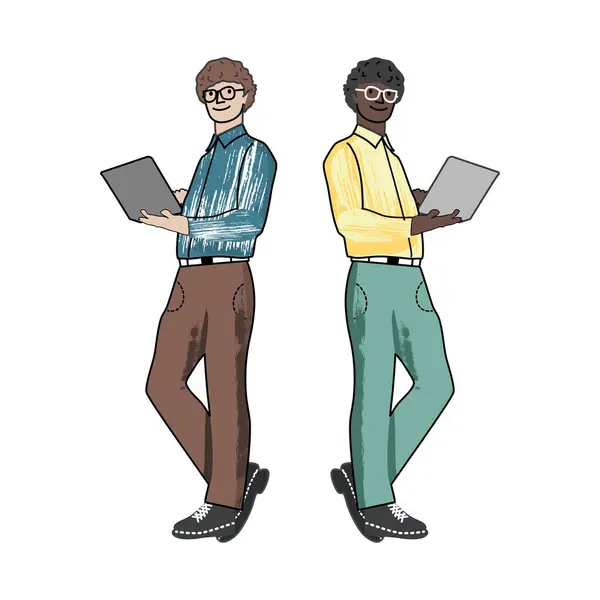 Dwóch Mężczyzn Pracuje Nad Koncepcją Stylu Życia Ilustracji Laptopa Wektor Stockowy