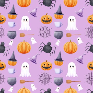 Mor arka planda suluboya balkabaklarıyla, hayaletlerle, örümceklerle ve örümcek ağıyla kusursuz desen