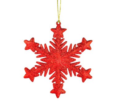 Kırmızı kar taneleri beyaz arkaplanda izole edilmiş. Parlak Noel ağacı oyuncağı. Yeni Yıl Dekorasyonu