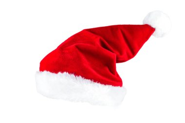 Beyaz arka planda izole edilmiş kırmızı tüylü Noel şapkası. Yeni Yıl