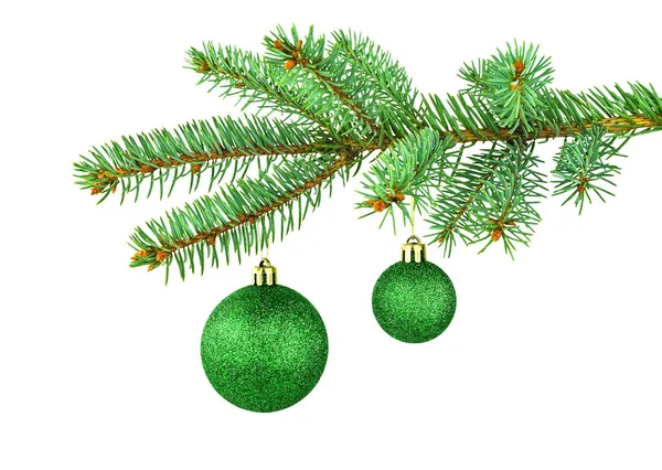 Christmas Tree Two Green Shiny Toys Monochrome Isolated Spruce Branch — Stock Photo, Image