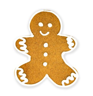 Tasarımın için tatlı zencefilli kurabiye adam. Beyaz krema. İzole tatil yemekleri pişirme. Mutlu Noeller ve mutlu yıllar.