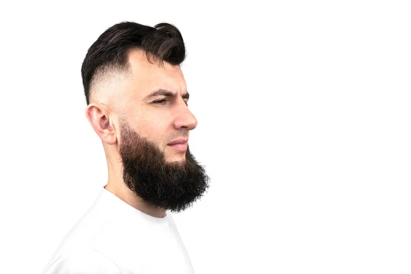 Portrait Dark Haired Man Stylish Hairstyle Beard Male Profile Isolated — Stock Photo, Image